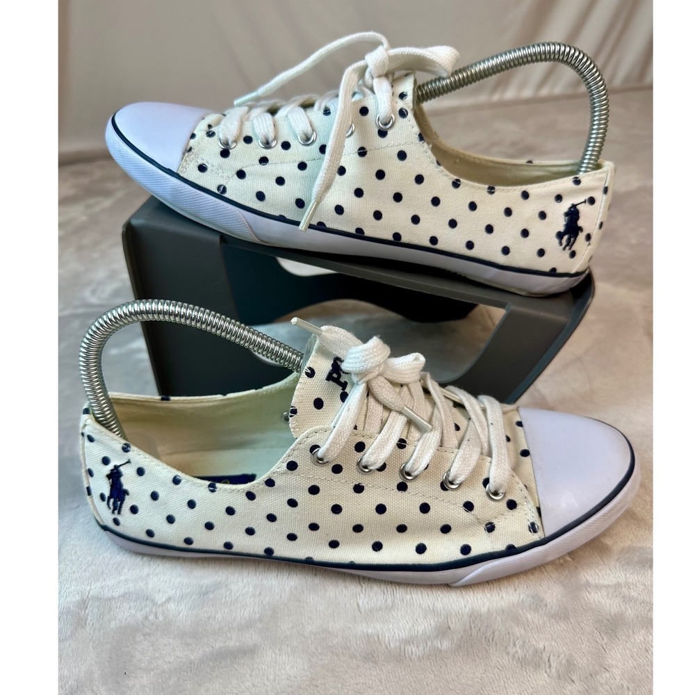 Polo Ralph Lauren Parnell Sneakers Women 9B Polka Dot Canvas White Navy Low Top